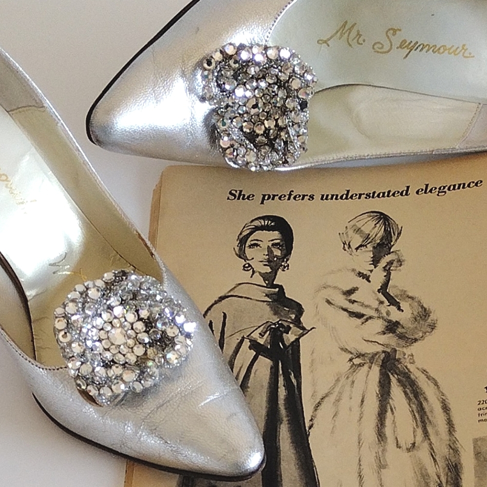 *Mr. Seymour Crystal Flower Silver Metallic Leather Heels Vintage
